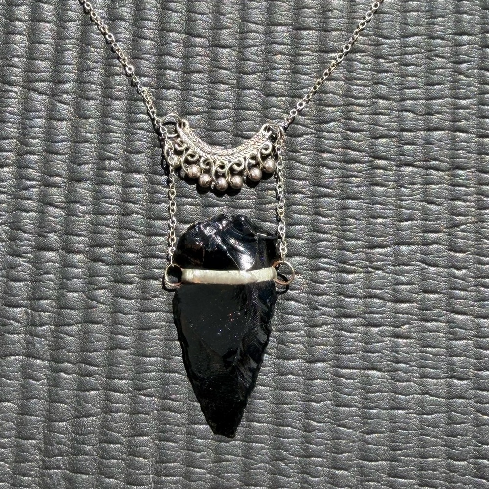 Black Obsidian Arrowhead Necklace - Silver Chain